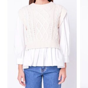 English Factory Mixed Media Cable Detail Sweater in Cream and White - Small